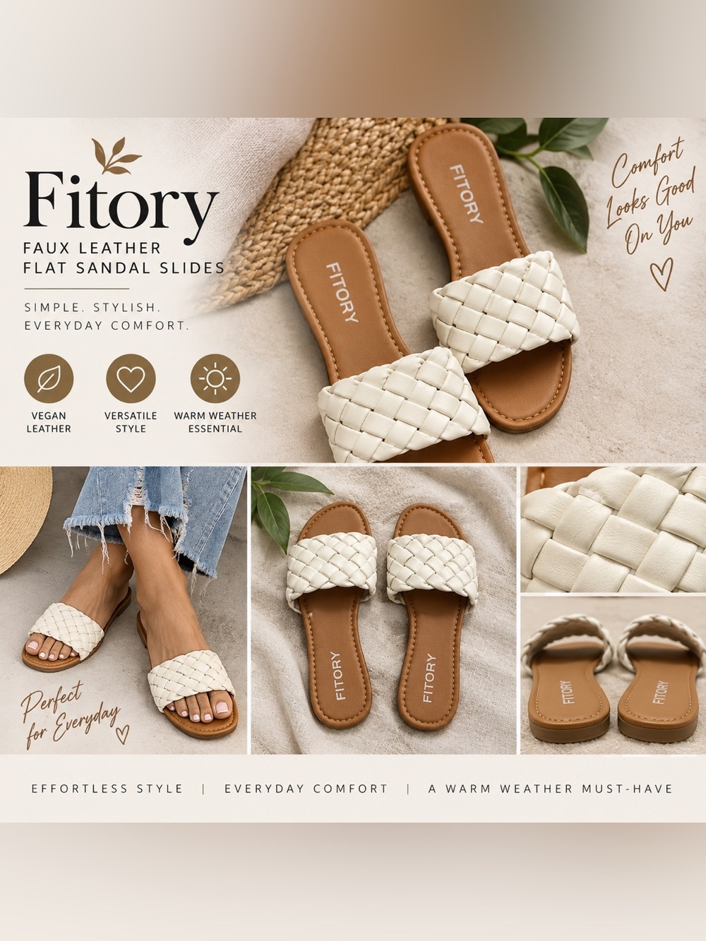 Fitory faux leather flat sandal slides NWOT